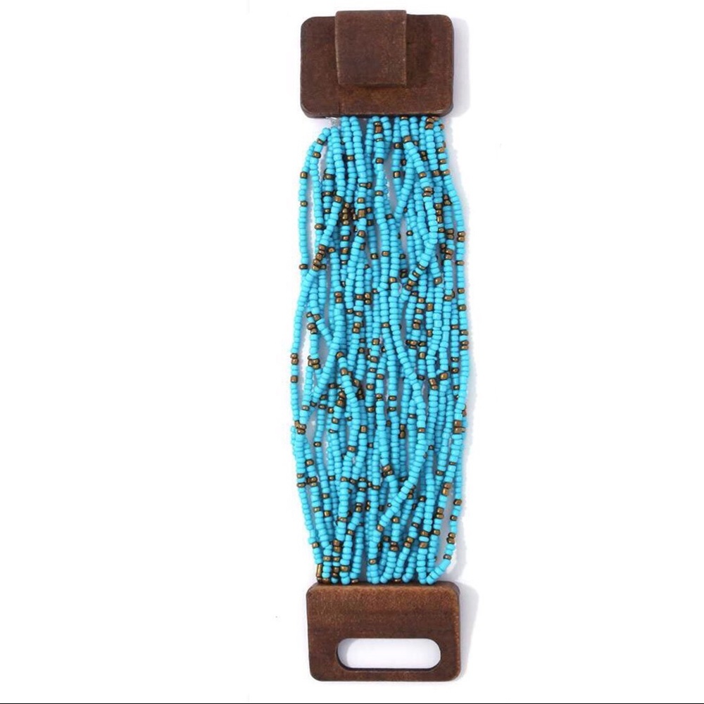 TURQUOISE SEED BEAD WOOD BRACELET